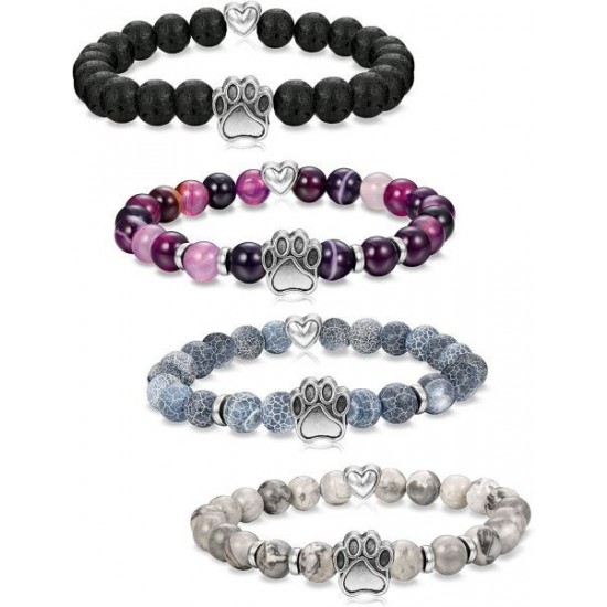 4Pcs Natural Stone Bead Bracelet For Girls Women Lucky Healing Bracelet (paw+heart) 4Pcs Natural Stone Bead Bracelet For Girls Women Lucky Healing Bracelet (paw+heart)
